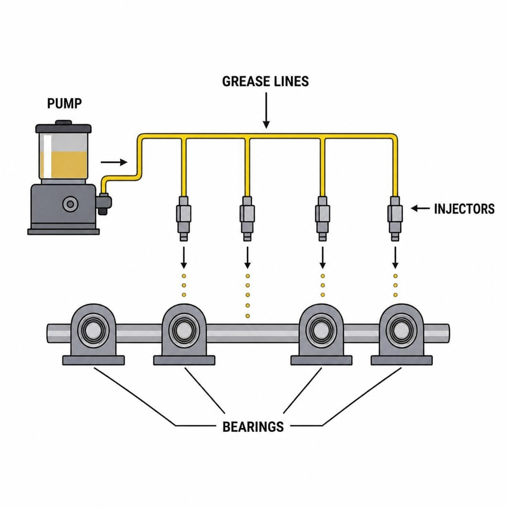diagram-style placeholder showing pump, grease lines, injectors, and bearings