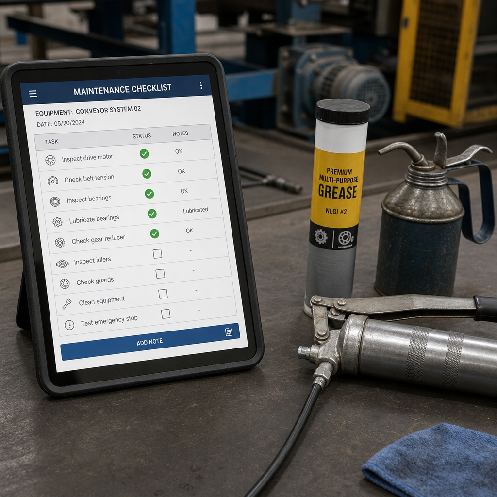 Digital maintenance checklist on a tablet beside lubrication tools