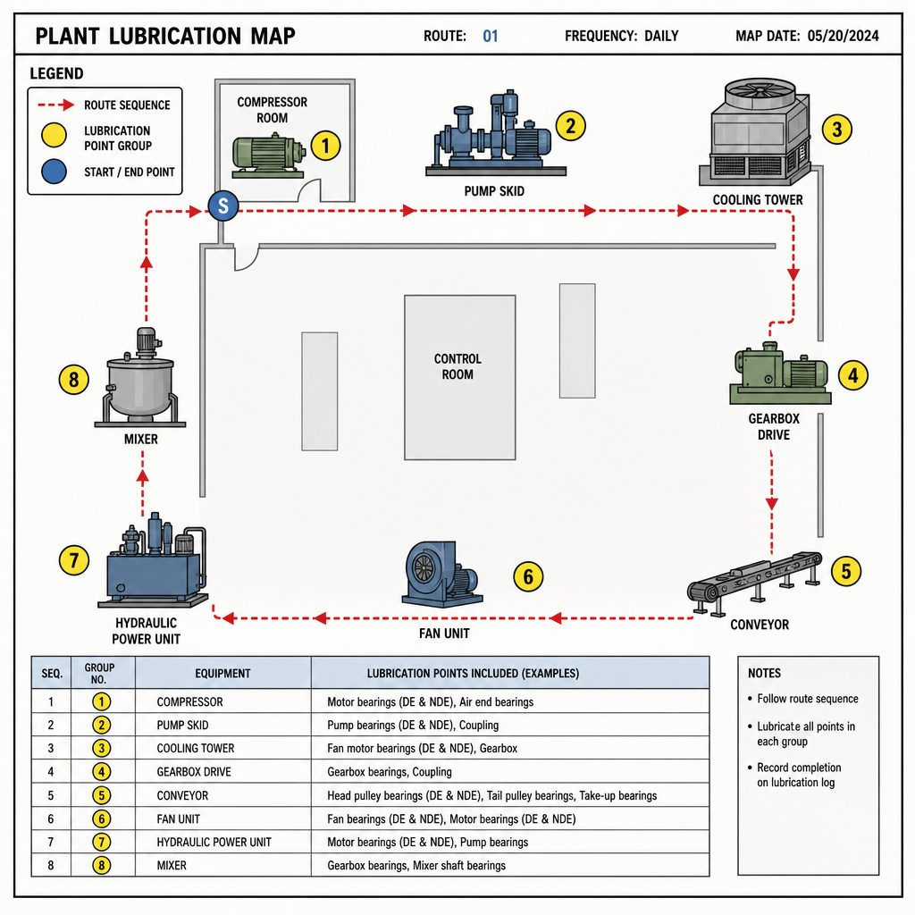 2D plant map showing grouped lubrication points and route sequence