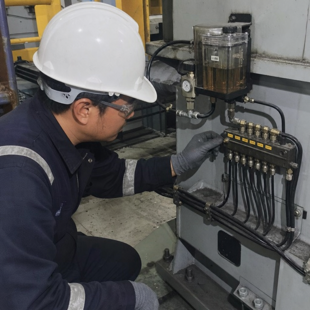 technician inspecting automatic lubrication lines on industrial equipment