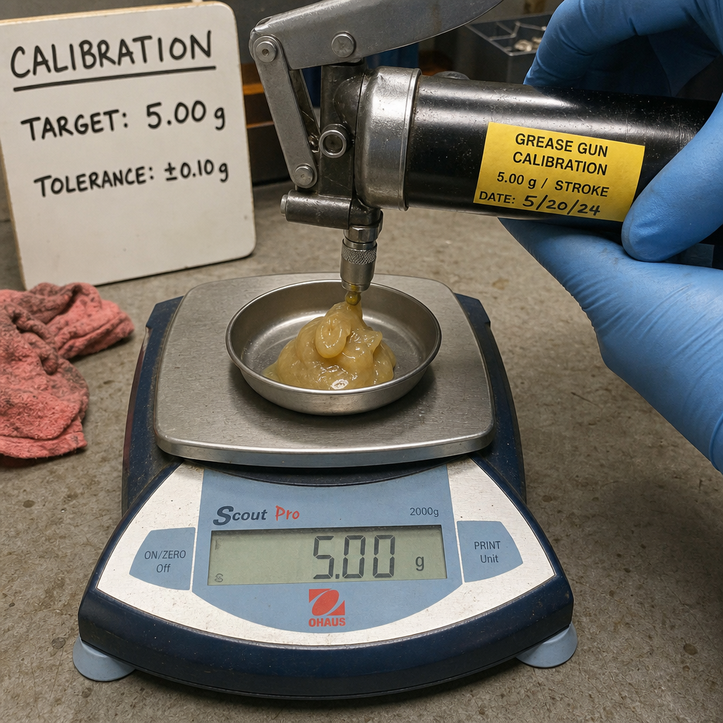 Close-up of grease gun calibration with grease weighed on a scale